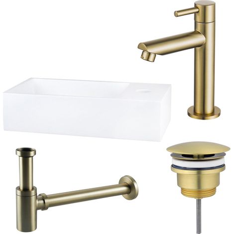 FugaFlow Eccelente Arredo Pack Lave-mains - 36x18.5x9cm - 1 trou de robinet - solid surface - robinet Laiton brossé - Blanc
