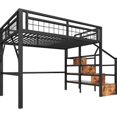 Cama alta 140 x 200 cm de metal y MDF con tira LED y escalera con almacenaje negra (1/5)