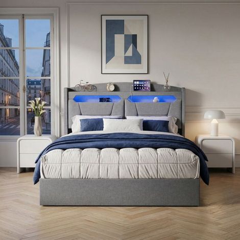 Cama lit 140x190 - POCKETPOP - cama 140x190 con almacenamiento - Carga USB y LED integrado - Lino gris - 2 personas