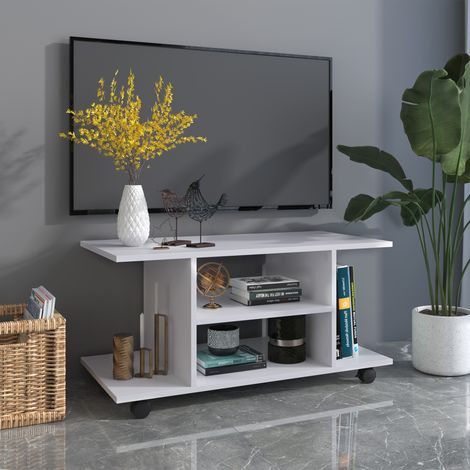HOMCOM Meuble TV avec roulettes pivotantes. banc TV en bois avec étagères. support télé pour télévision jusqu'à 42 pouces. style contemporain pour salon chambre et bureau. 80 x 40 x 40 cm. blanc (1/5)