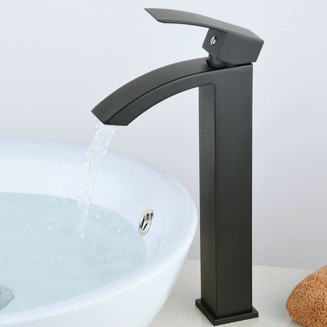 Robinet de salle de bain Monocommande Peinture noire Finition Cascade Bec 1 trou Pont Mont Lavabo Élégant Grand Robinet, LK70531BZH (1/5)