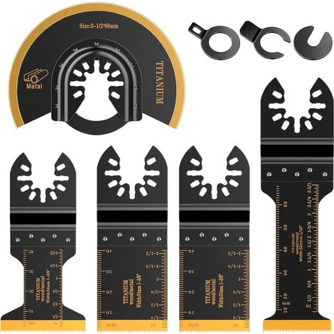 Lame de Scie Oscillante en Titane, 5 pièces Lames Accessoires d'Outil Multifonction pour Plastique, Bois, Métal, Compatible avec Fein Dewalt Makita Black (1/5)