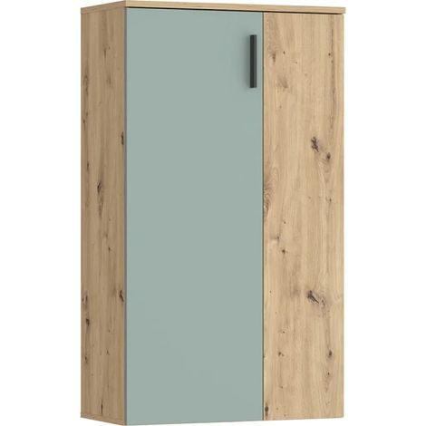 Meuble à chaussures 2 portes décor bois chêne rustique et vert sauge – 5 tablettes réglables – Dimensions 120,4x68,9x34,1 cm – Meubletmoi (1/5)