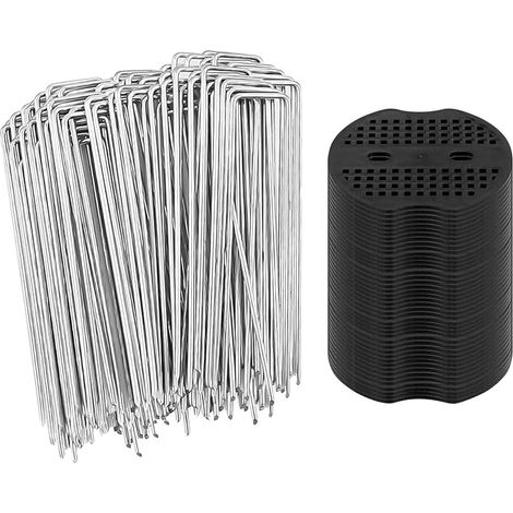 70 Piquets de Fixation et 30 Rondelles, 15 cm Piquets de Tente, Piquet Ancrage de Terre, Agrafes de Fixation, Piquet Jardin Grillage Cloture, Piquets de Sol de U pour Tissu Anti-Mauvaises Herbes