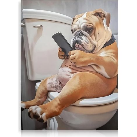 Décoration Murale Bouledogue Humoristique, Affiche Chien Fantaisiste Aux Toilettes Avec Téléphone Pour Salle De Bain Toilette 30x40 Cm Sans Cadre (1/5)