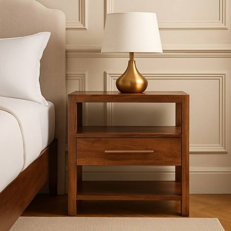 Comodino in legno massello stile naturale, marrone miele caramello, 1 cassetto e 1 vano aperto