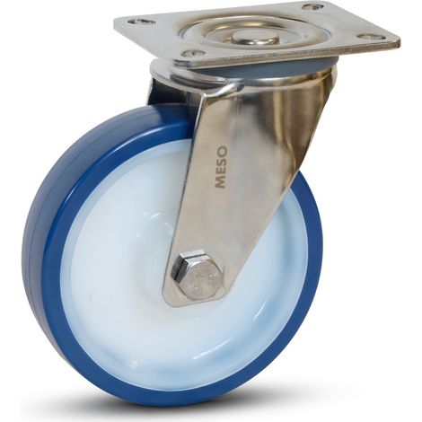 Roulette pivotante - MESO - PU bleu inox - Platine - 125mm - 220kg (1/2)