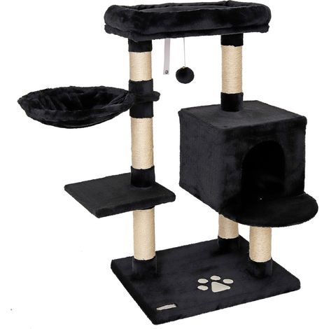 lionto Kratzbaum 93 cm mit Höhle, Liegemulde, Spielball & Sisalstämmen, kompakter Katzenbaum, schwarz