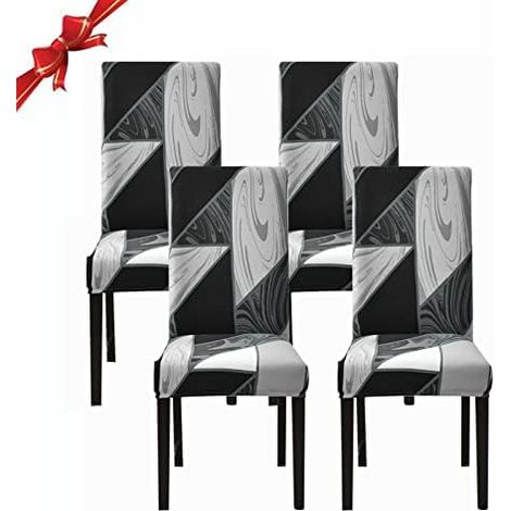 Juego de 4 fundas elásticas, extraíbles y lavables para sillas de respaldo alto, de elastano, para comedor, cocina o banquetes (estampado geométrico, negro). (1/5)