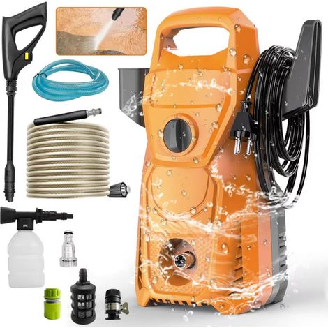 Nettoyeur haute pression 135 bars, pistolet à eau pour lavage de voiture avec buse réglable à 160°, convient au nettoyage de jardin, 1500 W, orange. (1/5)