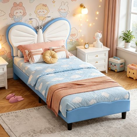 JOOKGBD-Kinderbett Polsterbett 90x200 cm, Jugendbett,Mädchenbett Bettgestell Samt mit LED-Leselampen,Einzelbett Prinzessinnenbett mit Höhenverstellbares Kopfteil,Ohne Matratze,Blau
