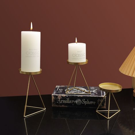 Bougeoirs piliers en métal - Lot de 3 bougeoirs géométriques dorés pour centres de table pour salon, salle à manger, fête, Noël, Halloween (1/5)