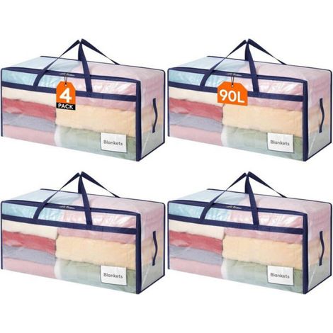 Lot De 4 Grands Sacs Rangement Vetement 90 L, Sac Demenagement Avec Poignées, Housse Rangement Couette, Boite Rangement Plia[YG357] (1/5)