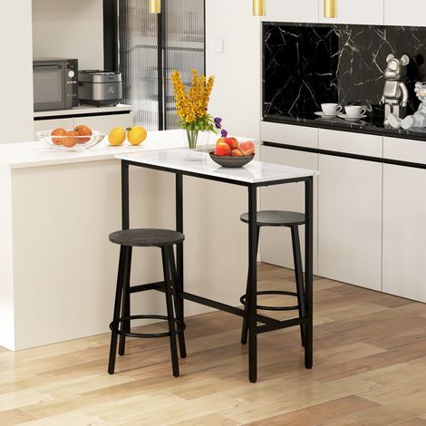 Table de bar haute noir blanc avec 2 tabourets ronds de 3 pièces avec un cadre en acier moderne et