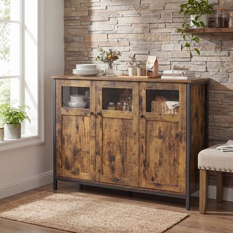 Buffet, Armoire de Cuisine, avec Portes en Verre, Style Industriel, Marron Rustique et Noir (1/5)