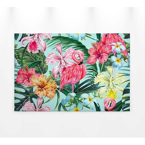 Tableau tropical à fleurs & flamant rose | Tableau sur toile deco été pour chambre & salle de bain | Tableau jungle multicolore 0,9 x 0,6 m (1/5)