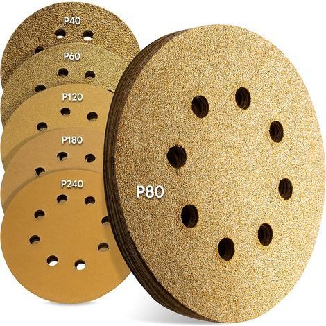 TAISHENGDA-Premium Disques abrasifs excentriques 125mm Or, 60 pièces, 8 trous papier a poncer, disque poncage Papier abrasif universel Velcro 10 x P40 - P240 pour Bois, Métal et Peinture (1/5)