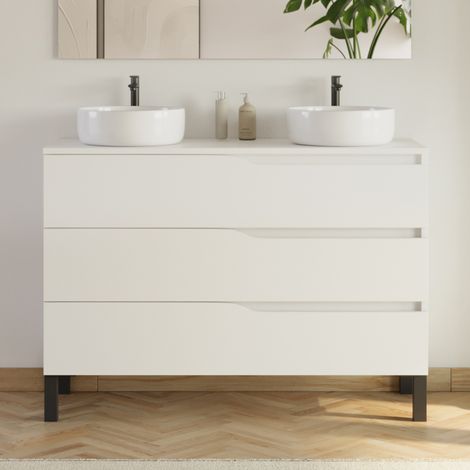 Meuble de salle de bain 120cm avec plateau et 2 vasques à poser Ares - 3 tiroirs - sans miroir - blanc - MATA (1/4)