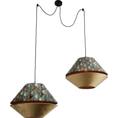 Pendant Lamp Black with Double Velvet Lampshade Leaf Design and Beige 2-Lights - Cava Luxe (1/5)