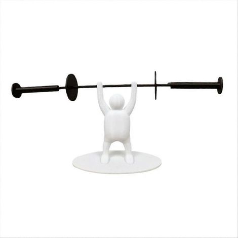 Porte-papier toilette haltérophile humoristique, tout blanc, petite figurine + barre d'haltères noire (1/5)