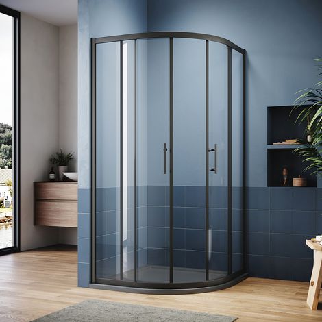 ELEGANT Quadrant Shower Enclosure Black Frame Sliding Cubicle Door 6mm Tempered Glass 900 x 900 mm with Grey Tray + Waste Tray (Black) (1/5)