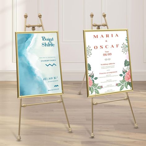 Lot de 2 chevalets pour panneaux de mariage et affiches - Support doré avec crochets réglables - Chevalet de mariage doré pour panneaux de bienvenue (1/5)