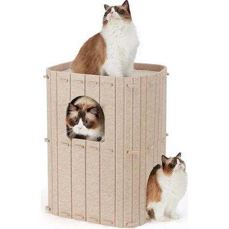 Niche pour Chat d'Intérieur, Nid de Chat Grande Maison à 2 Étages, Grotte Confortable Recouverte de Feutre Lits pour Chats, 45x36,5x60 cm, Camel (1/5)