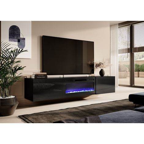 Bim Furniture – Meuble TV avec cheminée électrique 200x40x37cm – Noir brillant – Puissance 1400W-1600W – Télécommande incluse - CM200X40X37H (1/5)