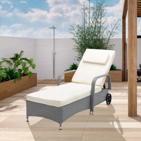 Rattan Sun Lounger Bed Recliner Outdoor Garden Chair Grey (1/4)