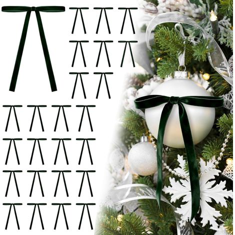 Set mit 24 Samt-Weihnachtsschleifen, 12 x 18 cm, vorgebunden, rustikal, für Weihnachtsbaumschmuck, Vintage-Weihnachtsdekorationen für Girlanden, Kränze, Geschenkboxen, Hochzeitsdekorationen, grün