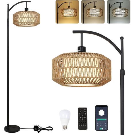 Lampadaire vintage avec abat-jour en rotin avec télécommande et ampoule LED, contrôle par application (1/5)