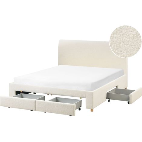 Letto moderno con cassetti imbottiti in bouclé con rete a doghe 160 x 200 cm bianco panna Soutrin