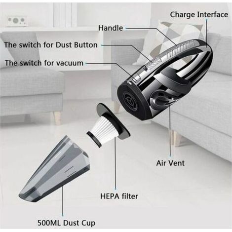 Aspirateur à main sans fil portable puissant 120 W 2200 mAh avec fonction humide et sèche, filtre HEPA lavable et 5 buses rechargeables pour la maison, la table, le bureau, la voiture (1/4)