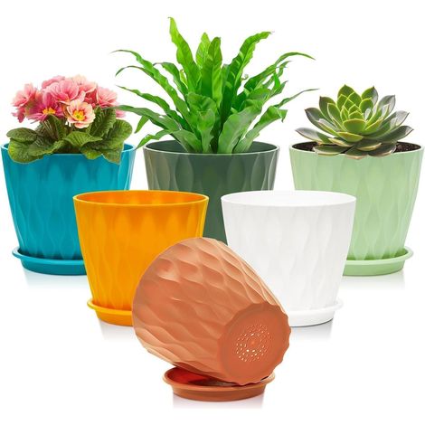 Lot 6 de Pot de Fleur Interieur, 15.4cm Pots de Fleurs avec Soucoupe, Pot de Fleur Plastique Résistant UV, avec Trous de Drainage Multiples, pour Plantes d’Intérieur et Balcon, Multicolore