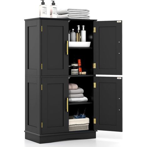 GOPLUS Armoire de Rangement de Salle de Bain, Armoire sur Sol avec 4 Portes, 2 Étagères Réglables et Détachables, 2 Kits Anti-basculement, Autoportant pour Cuisine, Salon, 60 x 30 x 110 CM (Noir) (1/5)