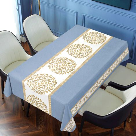 Nappe rectangulaire en PVC facile à nettoyer - En vinyle résistant aux taches, imperméable à l'huile et aux déversements, pour cuisine, salle à manger - Motif feuille - Bleu - 140 x 200 cm (1/5)