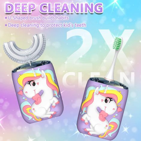 Brosse à dents électrique en forme de U, avec 2 têtes de brosse, motif licorne pour les enfants de 2 à 6 ans (violette)-AquaForge