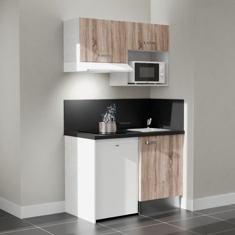 Kitchenette K02L-PT - 120 cm avec plan de travail et évier - emplacements frigo, hotte et micro-ondes - Façade Bois - Plan Noir texturé - Evier Inox - Crédences Oui (1/5)