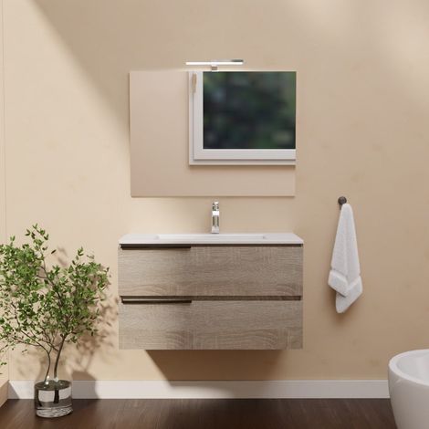 Mobile Bagno Sospeso 90 Cm Rovere Well Con 2 Cassetti, 2 Maniglie, Lavabo Ceramica, Specchio E Lampada Led Berlin (1/5)
