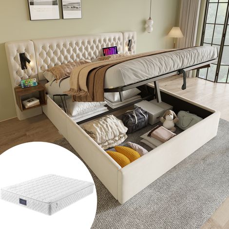 lit coffre 160x200 avec chevets USB velours beige HAVRYA (1/5)