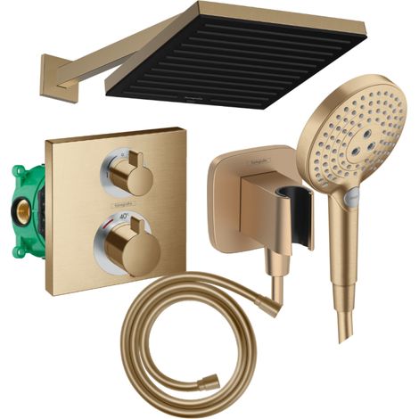 Hansgrohe – Colonne de douche hydromassante thermostatique – Douche de tête Pulsify E 260mm – Douchette Raindance Select S 3 jets – Flexible Isiflex 160cm bronze