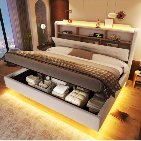 Lit coffre 180x200 cm avec rangement hydraulique, LED, USB et Type-C, tête de lit avec rangement - beige (1/5)