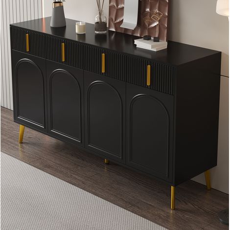MODFU – Aparador 140x38x82 cm de MDF y metal con 4 puertas, 4 cajones, estantes regulables, carga 70 kg y 2 paquetes – Negro y dorado (1/5)