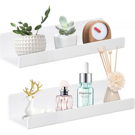 Étagère murale sans perçage, étagère flottante blanche, lot de 2 pièces 38x11x8cm, pour salon, salle de bain et cuisine (1/5)