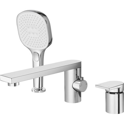 Robinet Baignoire 3 Trous avec Douchette, Robinet pour bord de Baignoire 3 Trous, Mélangeur en laiton pour Salle de Bain Chaude et Froide Réglable Chromé PTBC21E (1/5)
