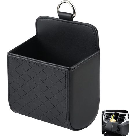 Bolsa de almacenamiento universal negra para rejilla de ventilación de coche, bolsa de cuero PU, estuche colgante para teléfono móvil, organizador, contenedor (1/5)