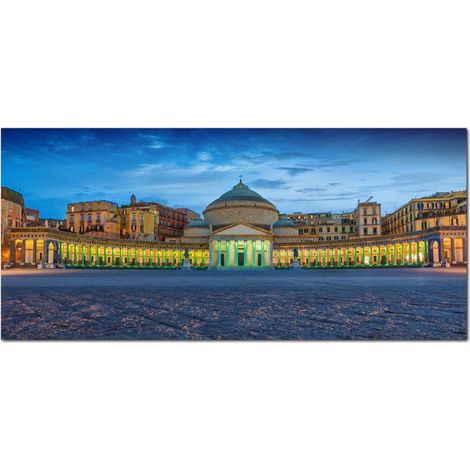 Lupia - Quadro moderno su Tela Canvas DEEP 65X143 cm, con paesaggi e localismi italiani, per casa, soggiorno, capezzale camera da letto, hotel, ufficio, NAPOLI - PIAZZA PLEBISCITO SERA (1/4)