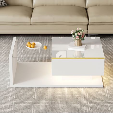 Mesa de centro 90x50x32.5 cm blanca en tablero de partículas con vidrio templado, almacenaje y LED regulable (1/5)