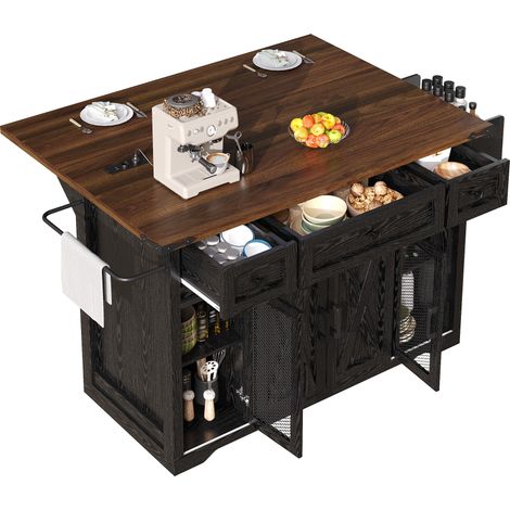 Îlot de cuisine mobile avec plateau extensible, 3 tiroirs, prises et USB, hauteur ergonomique 91 cm, MDF noir, style farmhouse - CHICFURN (1/5)