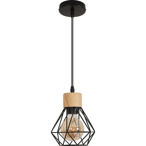 GOECO Black & Wood Industrial Pendant Light with E27 Fitting, 150cm Adjustable Hanging Length, for Kitchen Island, Dining Table, Bar